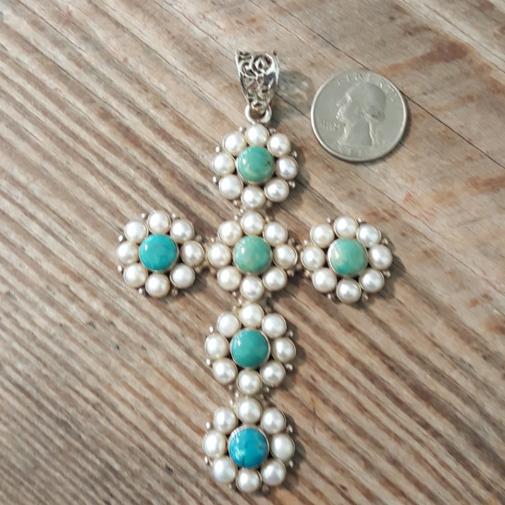 Pearl & Turquoise Sterling Silver Cross Pendant